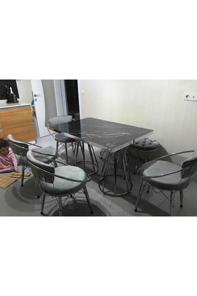 By Orhan Güzel Mutfak Masası Takımı, Salon Masa Takımı,6 Kişilik Mutfak Masısı Takımı Gümüş Benchli Masa Takımı - Resim 5