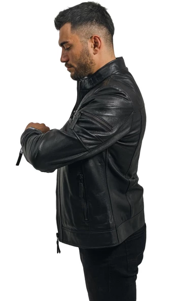 Büyük Beden Hakiki Deri Erkek Ceket Siyah Spor Kesim Dik Yaka Bright Siyah S - 4