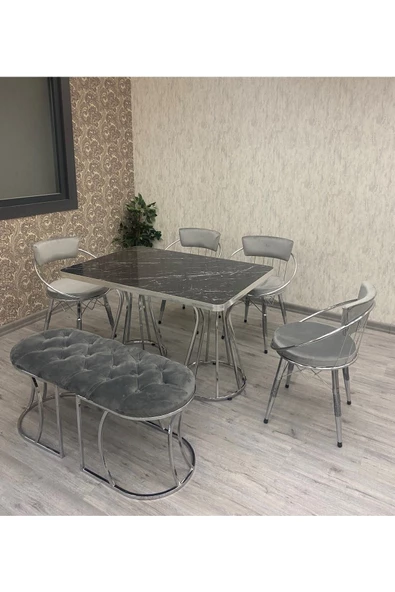 By Orhan Güzel Mutfak Masası Takımı, Salon Masa Takımı,6 Kişilik Mutfak Masısı Takımı Gümüş Benchli Masa Takımı - Resim 4