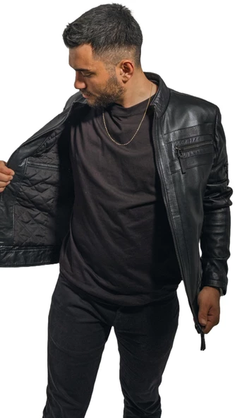 Büyük Beden Hakiki Deri Erkek Ceket Siyah Spor Kesim Dik Yaka Bright Siyah 5XL - 7