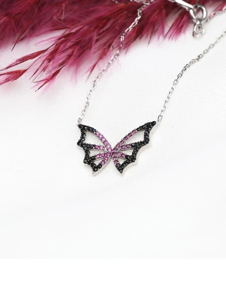 Gümüş Pembe Siyah Taş Geçişli Kelebek Kadın Gümüş Kolye - Resim 2