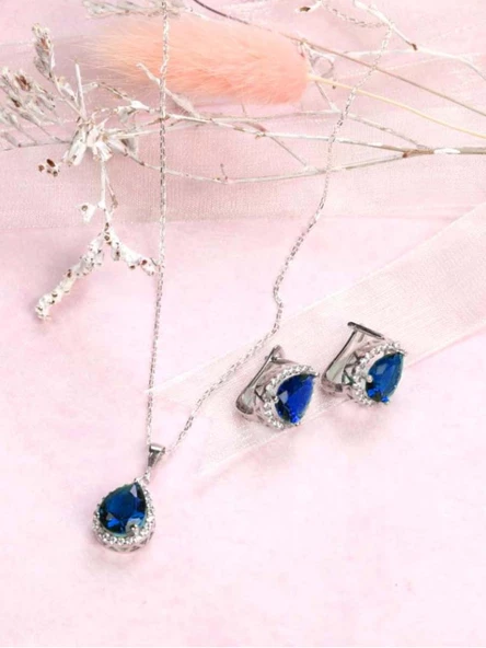 Damla Model Safir Mavisi Zirkon Taşlı Gümüş Kadın Kolye Küpe Seti - 3