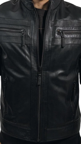 Büyük Beden Hakiki Deri Erkek Ceket Siyah Spor Kesim Dik Yaka Bright Siyah L - 8