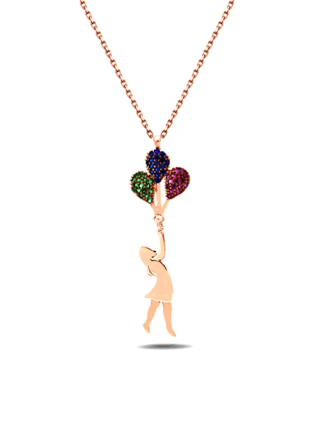 Rose Balonlu Kız Gümüş Kolye Uçan Balon Kız Kolye ürün görseli