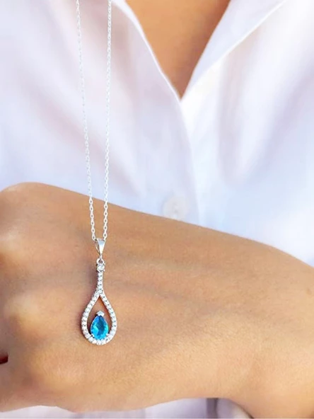 Pırlanta Model Aquamarin Taşlı Damla Kadın Gümüş Kolye - Resim 4