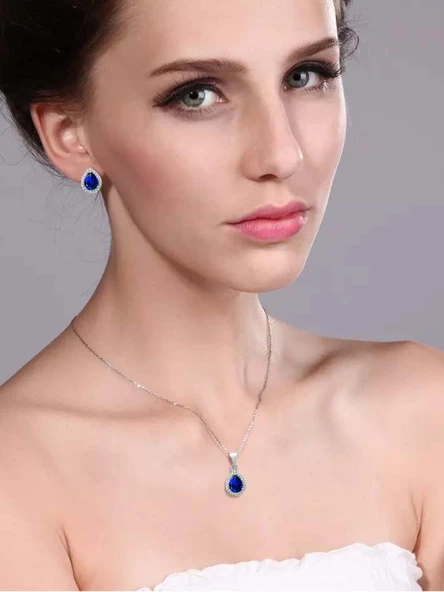 Damla Model Safir Mavisi Zirkon Taşlı Gümüş Kadın Kolye Küpe Seti - 2