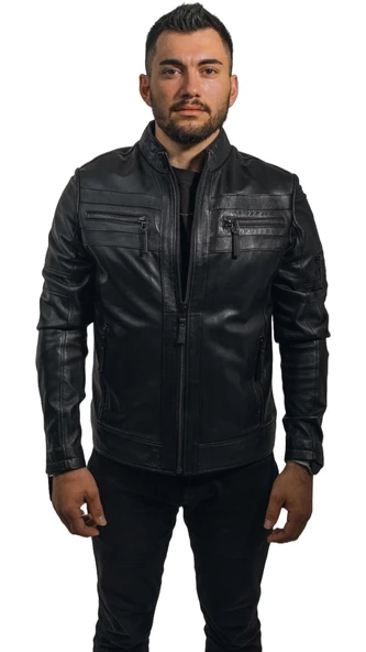 Büyük Beden Hakiki Deri Erkek Ceket Siyah Spor Kesim Dik Yaka Bright  Siyah 9XL - 2