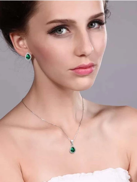 Damla Model Zümrüt Yeşili Zirkon Taşlı Gümüş Kadın Kolye Küpe Seti - 2