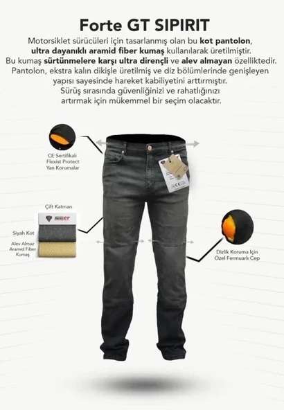 Forte Gt 1092 Spırıt Korumalı Motosiklet Kot Pantolonu 30 Beden Siyah - 6
