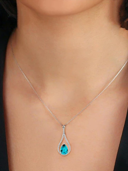 Pırlanta Model Aquamarin Taşlı Damla Kadın Gümüş Kolye - Resim 2