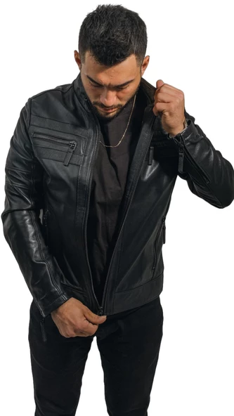 Büyük Beden Hakiki Deri Erkek Ceket Siyah Spor Kesim Dik Yaka Bright Siyah 6XL - 3