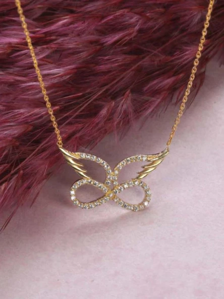 Gümüş Melek Kanatlı Sonsuzluk Kadın Kolye Altın Kaplama - Resim 3