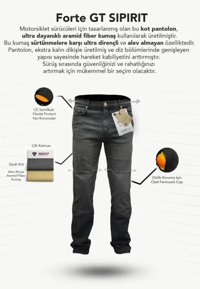 Forte Gt 1092 Spırıt Korumalı Motosiklet Kot Pantolonu 38 Beden Siyah - 6