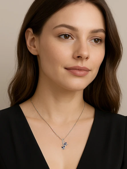 Sonsuzluk Pırlanta Model Safir Taşlı Kelebek Kadın Gümüş Kolye - 2