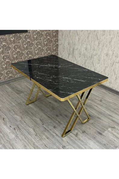By Orhan Güzel Mutfak Masası ,6 Kişilik Masa, Gold X AYAK Masa , Siyah Mermer Görünümlü Masa 90Lık