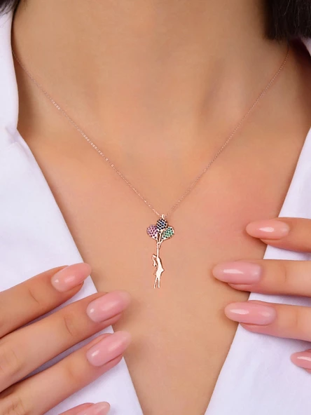 Rose Balonlu Kız Gümüş Kolye Uçan Balon Kız Kolye - Resim 2