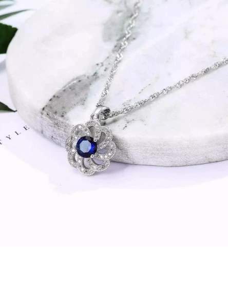Gümüş Lüks Mavi Safir Taşlı Çiçek Model Kadın Kolye Küpe Set - 2