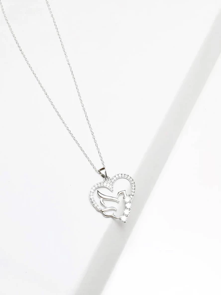 925 Ayar Gümüş Kuş Modelli Kalp Kadın Kolye - Resim 2