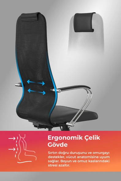 Ergolife Sit 8 Ofis Koltuğu | Krom Ayaklı, Fileli, Yüksek Arkalıklı, Siyah, Bilgisayar Sandalyesi -1B9.55.1.403 - 2