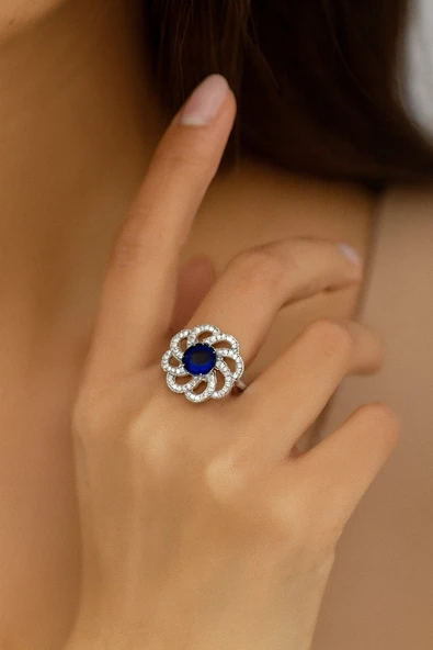 Lüks Mavi Safir Taşlı Rüzgar Gülü Kadın Yüzük - Resim 2