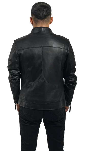 Büyük Beden Hakiki Deri Erkek Ceket Siyah Spor Kesim Dik Yaka Bright  Siyah 9XL - 6