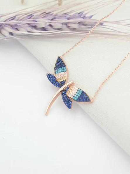 Yusufçuk Kolye 925 Ayar Gümüş Mavi Taşlı  Kadın Kolye - Resim 5