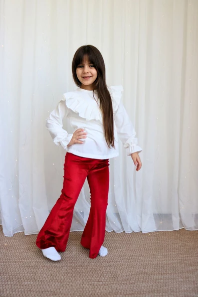 Kız Çocuk Velvet Uzun Kollu Fırfırlı Body Bluz İspanyol Kadife Tayt Pantolon Takım - 5