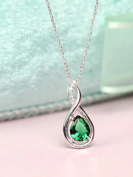 Gümüş Su Damlası Pırlanta Model Zümrüt Zirkon Taşlı Gümüş Kolye - Resim 3