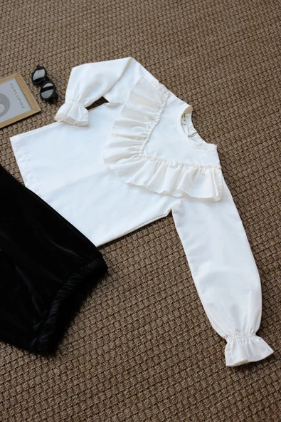 Kız Çocuk Velvet Uzun Kollu Fırfırlı Body Bluz İspanyol Kadife Tayt Pantolon Takım - 2