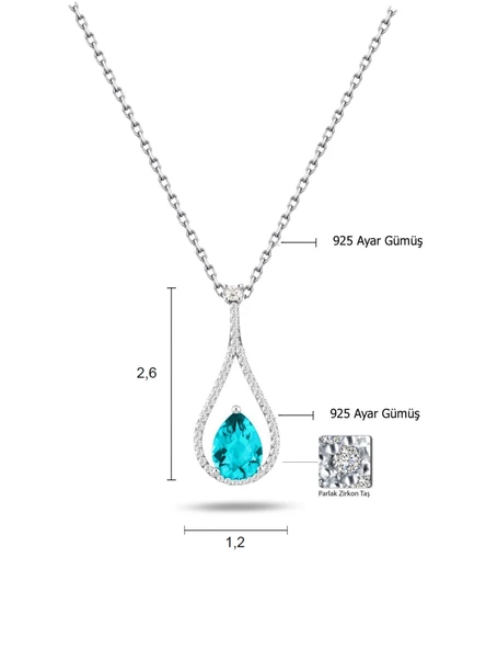 Pırlanta Model Aquamarin Taşlı Damla Kadın Gümüş Kolye - Resim 3