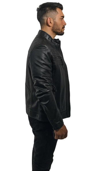Büyük Beden Hakiki Deri Erkek Ceket Siyah Spor Kesim Dik Yaka Bright Siyah S - 5