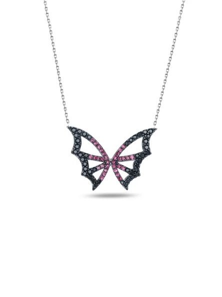 Gümüş Pembe Siyah Taş Geçişli Kelebek Kadın Gümüş Kolye ürün görseli