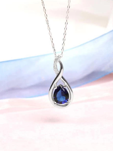 Gümüş Su Damlası Pırlanta Model Safir Zirkon Taşlı Gümüş Kolye - Resim 4