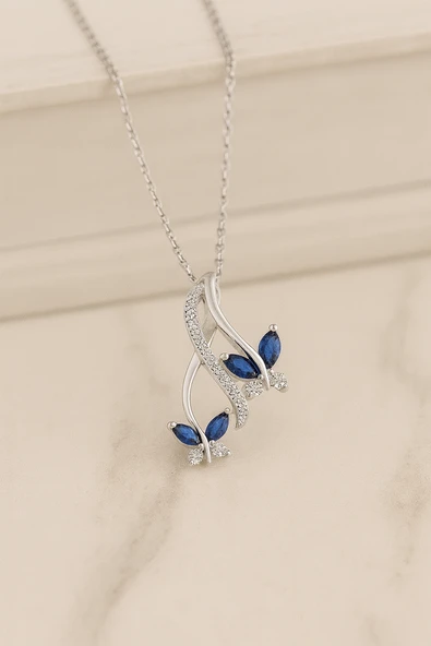 Sonsuzluk Pırlanta Model Safir Taşlı Kelebek Kadın Gümüş Kolye - 3