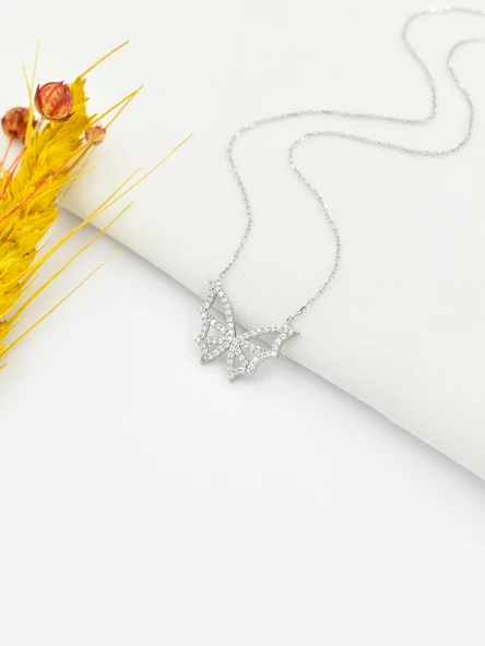 925 Ayar Zrkon Taşlı Kanatlı Kelebek Kadın Gümüş Kolye - Resim 2