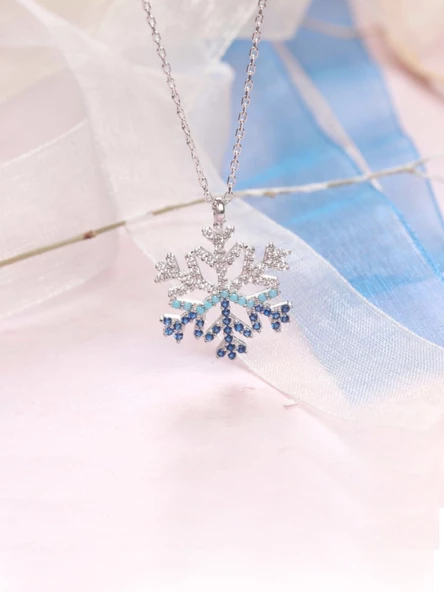 Kar Tanesi Firuze Taşlı Mavi Geçişli Kadın Gümüş Kolye - Resim 2