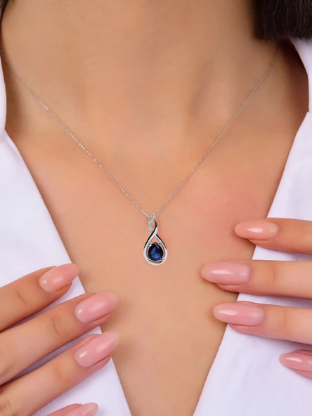 Gümüş Su Damlası Pırlanta Model Safir Zirkon Taşlı Gümüş Kolye - Resim 2