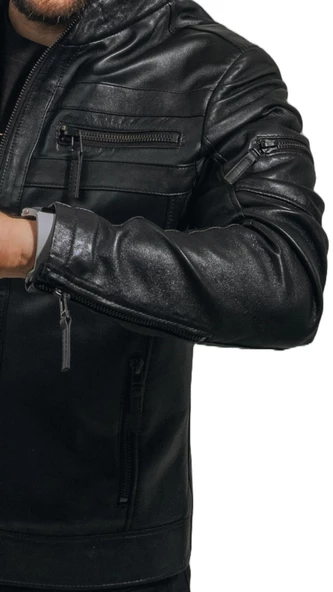 Büyük Beden Hakiki Deri Erkek Ceket Siyah Spor Kesim Dik Yaka Bright  Siyah 9XL - 9