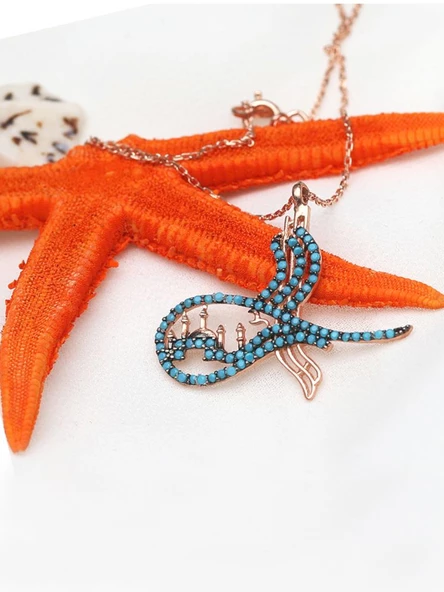 Firuze Taşlı Osmanlı Tuğrası Cami Silüet Kadın Gümüş Kolye - Resim 2