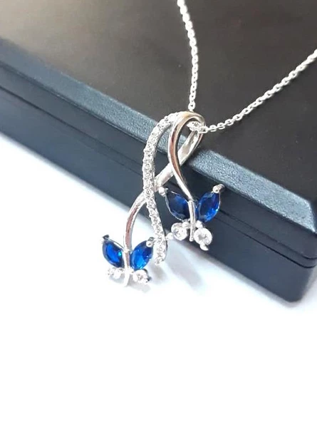 Sonsuzluk Pırlanta Model Safir Taşlı Kelebek Kadın Gümüş Kolye - 3