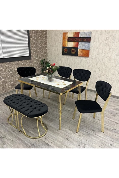 By Orhan Güzel Lal 80-120 Ck Gold Mutfak Masası Takımları ,  Kişilik Benchli Mutfak Masası Takımı