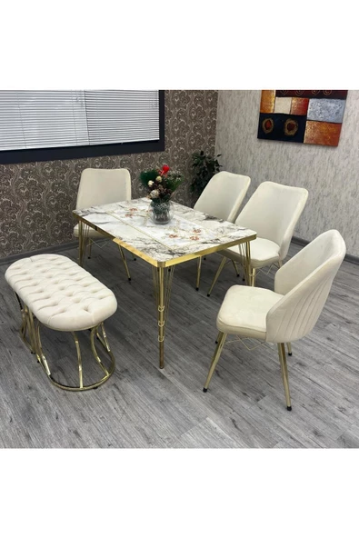 By Orhan Güzel Selenit 80-140 Oval Gümüş 6 Kişilik Benchli Mutfak Masası Takımı