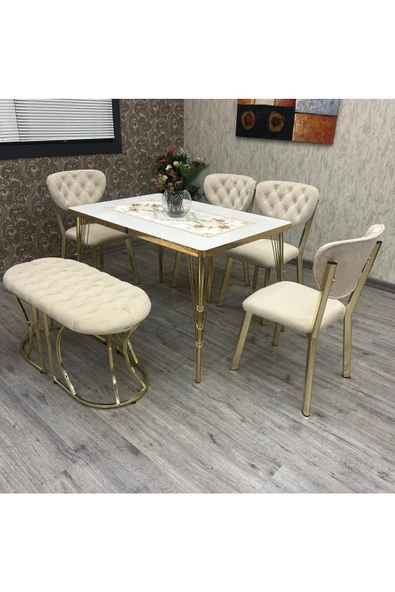 By Orhan Güzel Akuamarin 80-120 Ck Gold Mutfak Masası Takımları ,  Kişilik Benchli Mutfak Masası Takımı