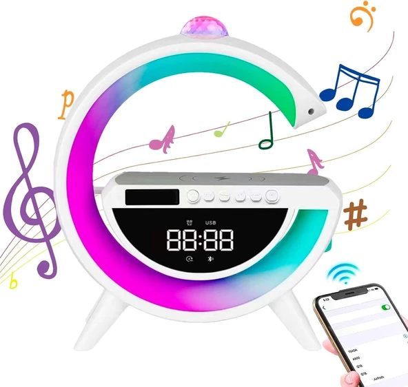Polygold BT-3402 Dijital Saat ve Alarmlı RGB Ledli 15W Kablosuz Şarjlı Bluetooth Hoparlör - 3