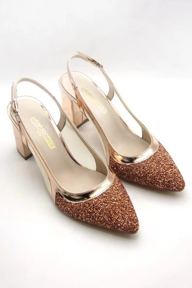 Erkan Saçmacı Panula Exclusive Rose Gold Taşlı Fileli Arkası Açık Abiye Ayakkabı