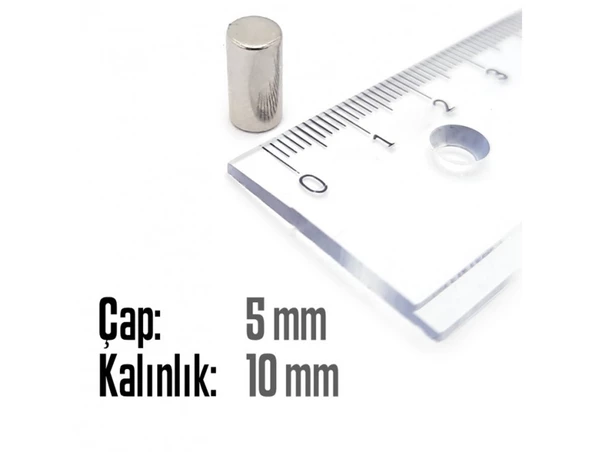 Neodyum Mıknatıs Silindir Çap 5mm , Kalınlık 10mm ( 10 Adet)