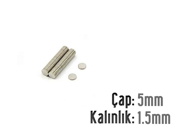 Neodyum Mıknatıs Silindir Çap 5mm , Kalınlık 1.5mm ( 20 Adet)
