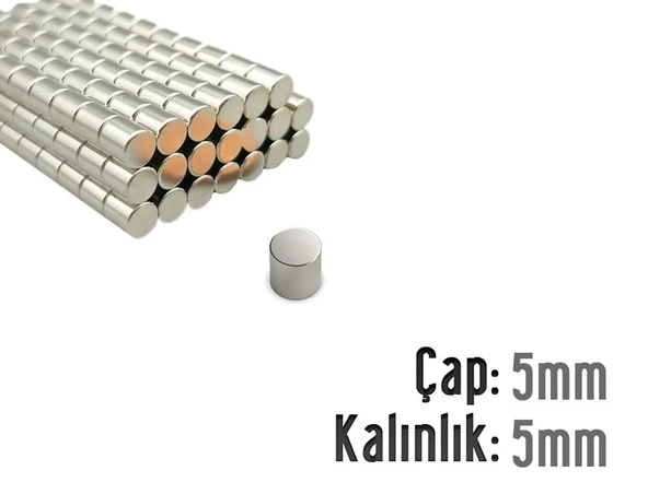 Neodyum Mıknatıs Silindir Çap 5mm , Kalınlık 5mm ( 20 Adet)