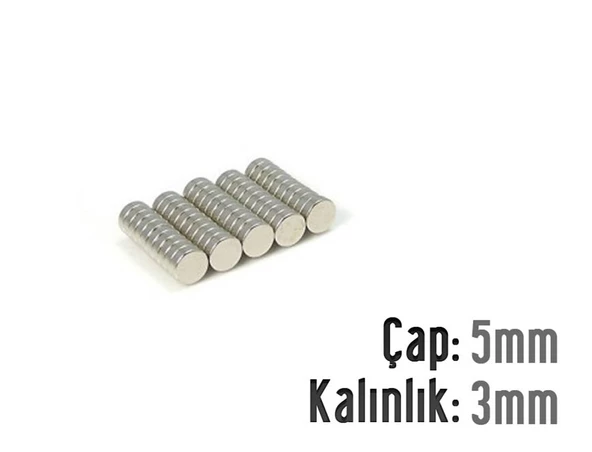 Neodyum Mıknatıs Silindir Çap 5mm , Kalınlık 3mm ( 20 Adet)