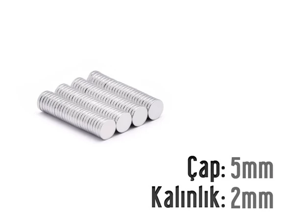 Neodyum Mıknatıs Silindir Çap 5mm , Kalınlık 2mm   ( 20 Adet)